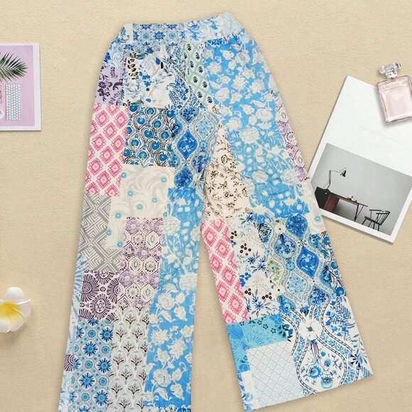 Blue Bohemian Women's Floral Print Ditsy Patchwork High Waist Loose Pants - Picture 4 of 4